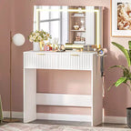 COZONY Fluted Vanity Desk with 32 Mirror & LED Lights, 2 Drawers, Adjustable Brightness Makeup Table for Bedroom