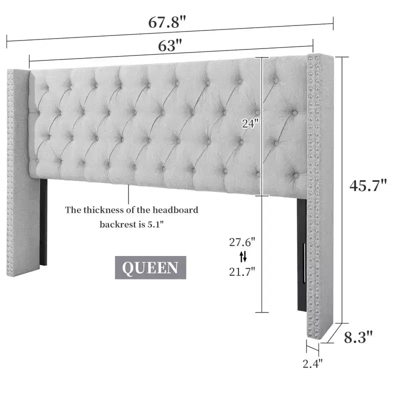 Beige / Gray Linen Wingback Headboard – Button-Tufted, Nailhead Trim, Adjustable Height (Queen & King)