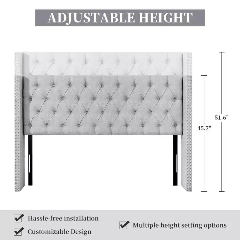 Beige / Gray Linen Wingback Headboard – Button-Tufted, Nailhead Trim, Adjustable Height (Queen & King)