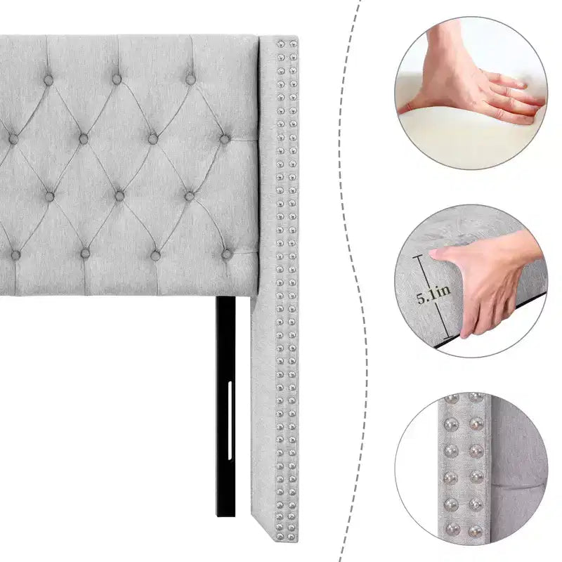 Beige / Gray Linen Wingback Headboard – Button-Tufted, Nailhead Trim, Adjustable Height (Queen & King)
