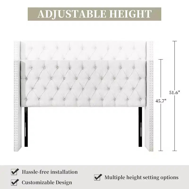 Beige / Gray Linen Wingback Headboard – Button-Tufted, Nailhead Trim, Adjustable Height (Queen & King)