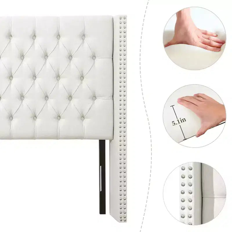 Beige / Gray Linen Wingback Headboard – Button-Tufted, Nailhead Trim, Adjustable Height (Queen & King)