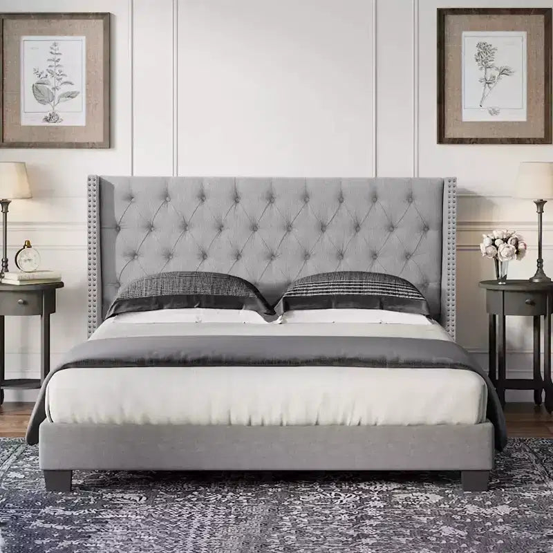 Beige / Gray Linen Wingback Headboard – Button-Tufted, Nailhead Trim, Adjustable Height (Queen & King)