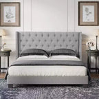 Testiera con ali in lino beige/grigio – Capitonnè, borchie decorative, altezza regolabile (Queen & King)