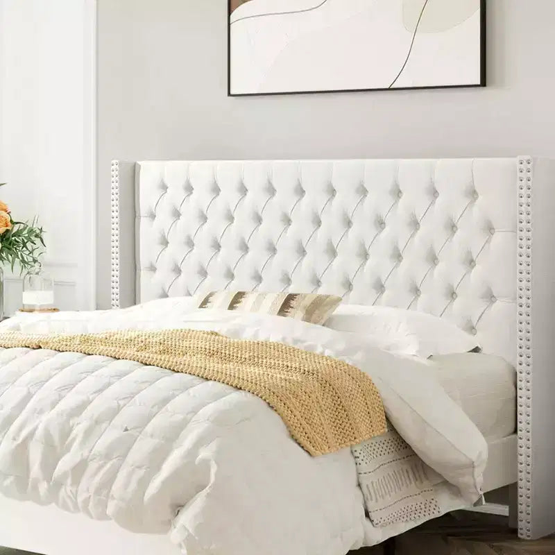 Bekrvio Queen Linen Upholstered Headboard Only  Wingback Button-Tufted w/ Nailhead Trim, Adjustable Height, Metal Legs