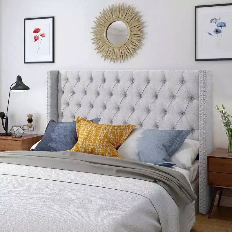 Beige / Gray Linen Wingback Headboard – Button-Tufted, Nailhead Trim, Adjustable Height (Queen & King)