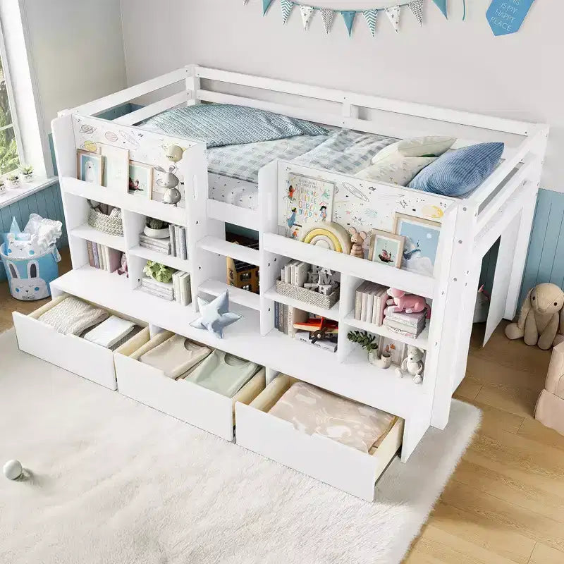 Gray / White Kids Low Loft Bed with Storage Shelves, Curtain & Chalkboard – Single