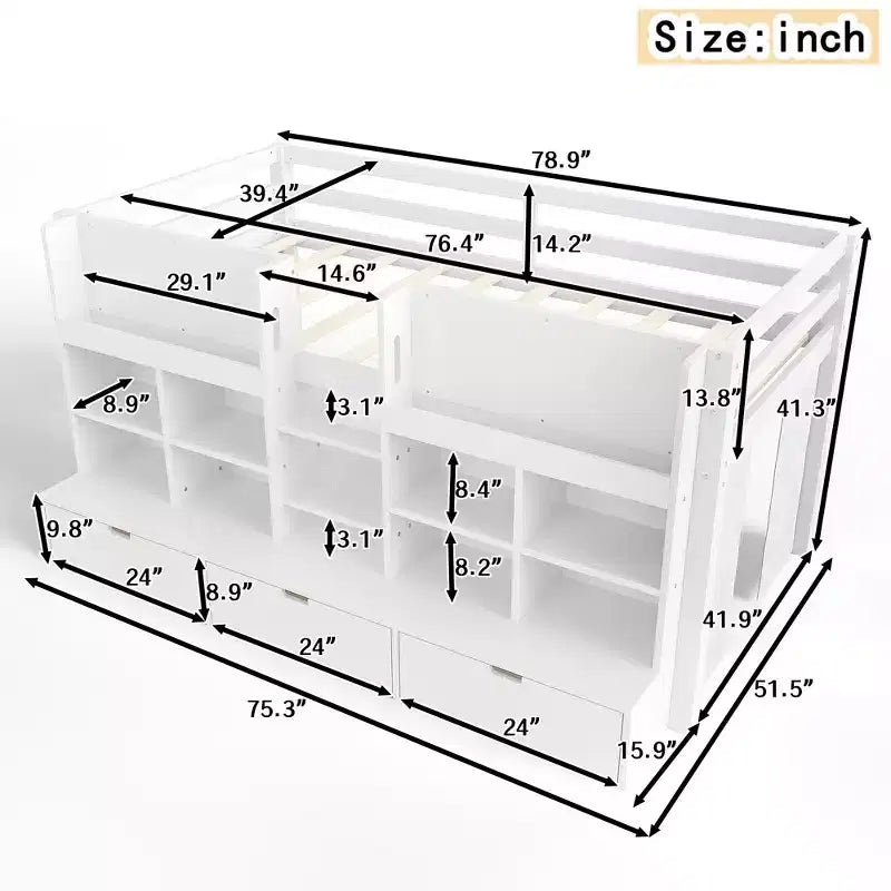 Gray / White Kids Low Loft Bed with Storage Shelves, Curtain & Chalkboard – Single