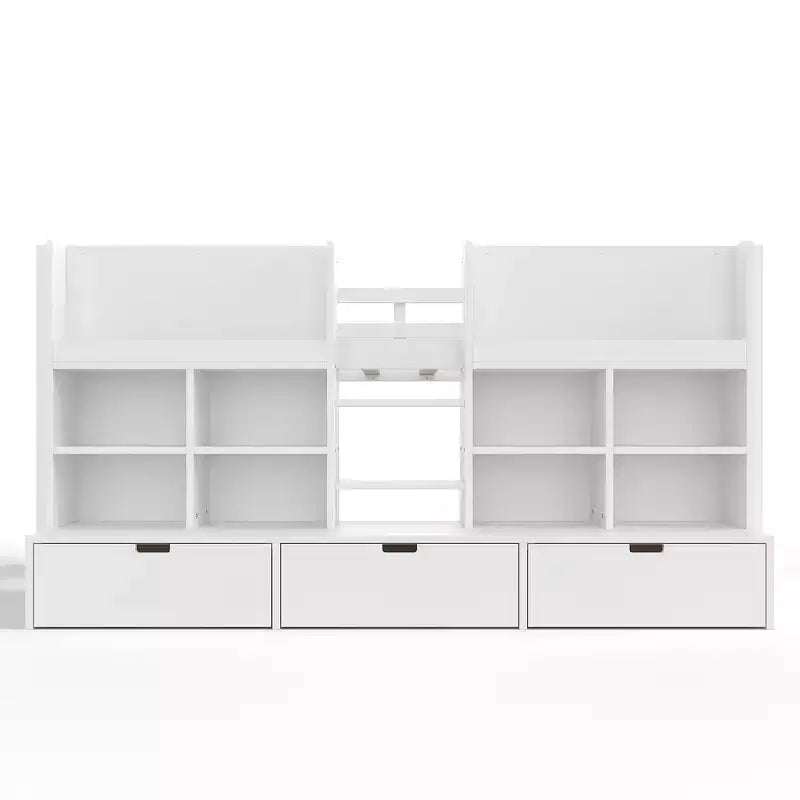 Gray / White Kids Low Loft Bed with Storage Shelves, Curtain & Chalkboard – Single