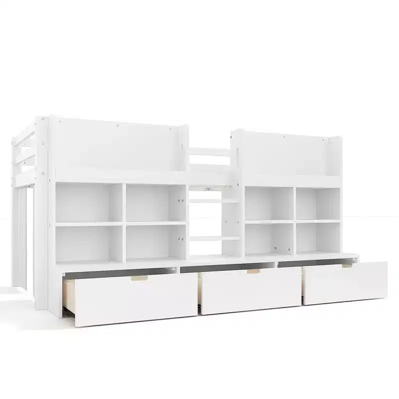 Gray / White Kids Low Loft Bed with Storage Shelves, Curtain & Chalkboard – Single