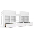 Letto a soppalco basso per bambini grigio/bianco con ripiani, tenda e lavagna – Singolo