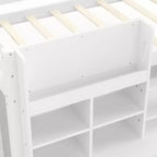 Letto a soppalco basso per bambini grigio/bianco con ripiani, tenda e lavagna – Singolo