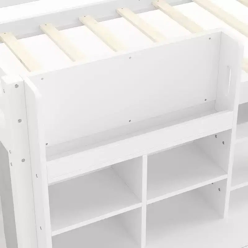Gray / White Kids Low Loft Bed with Storage Shelves, Curtain & Chalkboard – Single