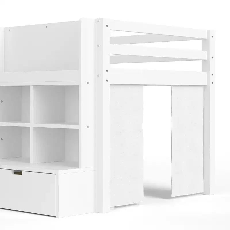 Gray / White Kids Low Loft Bed with Storage Shelves, Curtain & Chalkboard – Single