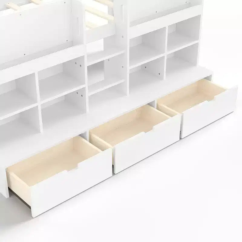 Gray / White Kids Low Loft Bed with Storage Shelves, Curtain & Chalkboard – Single