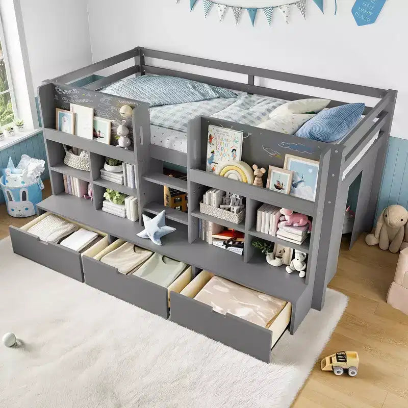 Gray / White Kids Low Loft Bed with Storage Shelves, Curtain & Chalkboard – Single