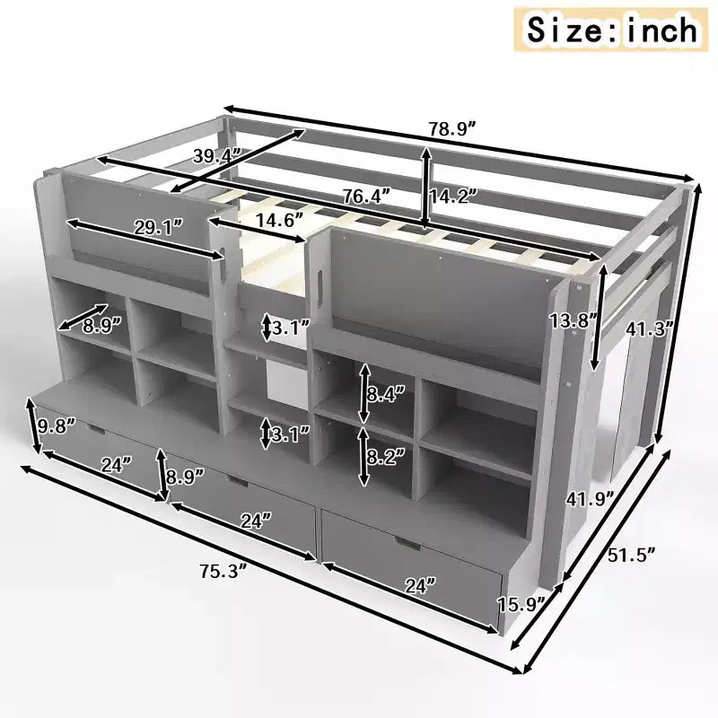 Gray / White Kids Low Loft Bed with Storage Shelves, Curtain & Chalkboard – Single