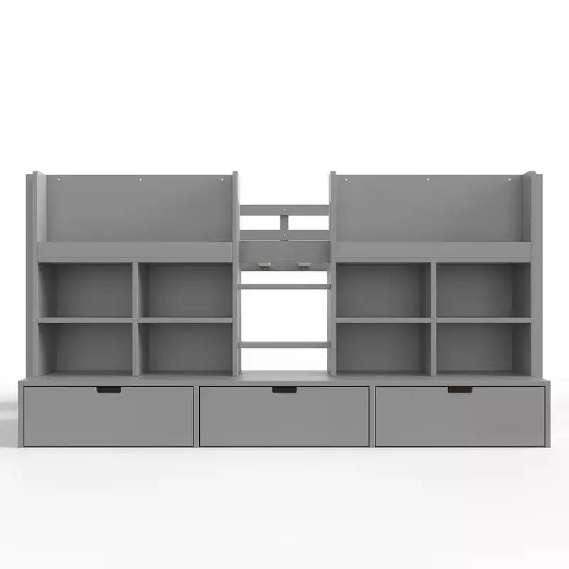 Gray / White Kids Low Loft Bed with Storage Shelves, Curtain & Chalkboard – Single