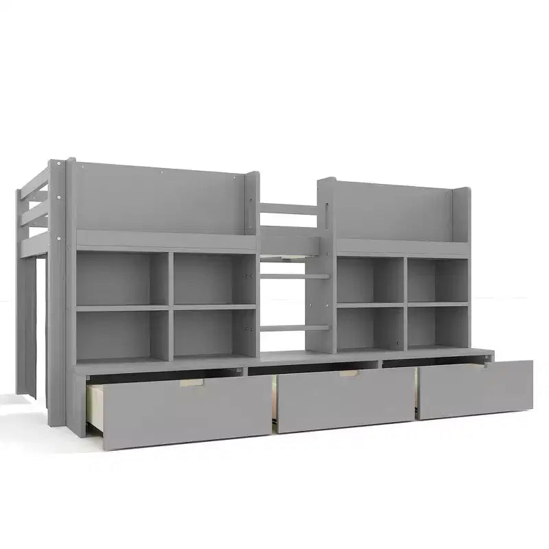 Gray / White Kids Low Loft Bed with Storage Shelves, Curtain & Chalkboard – Single