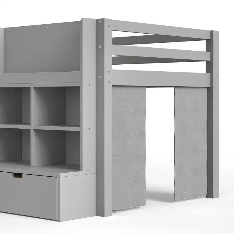 Gray / White Kids Low Loft Bed with Storage Shelves, Curtain & Chalkboard – Single