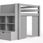 Letto a soppalco basso per bambini grigio/bianco con ripiani, tenda e lavagna – Singolo
