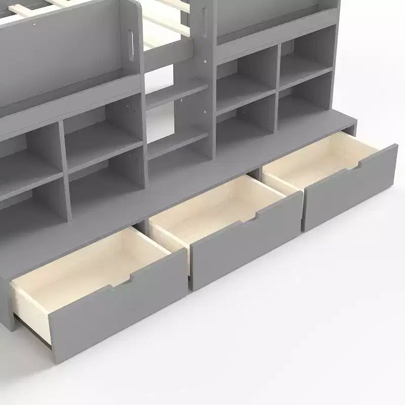 Gray / White Kids Low Loft Bed with Storage Shelves, Curtain & Chalkboard – Single