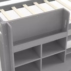 Letto a soppalco basso per bambini grigio/bianco con ripiani, tenda e lavagna – Singolo