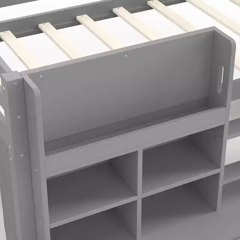 Gray / White Kids Low Loft Bed with Storage Shelves, Curtain & Chalkboard – Single