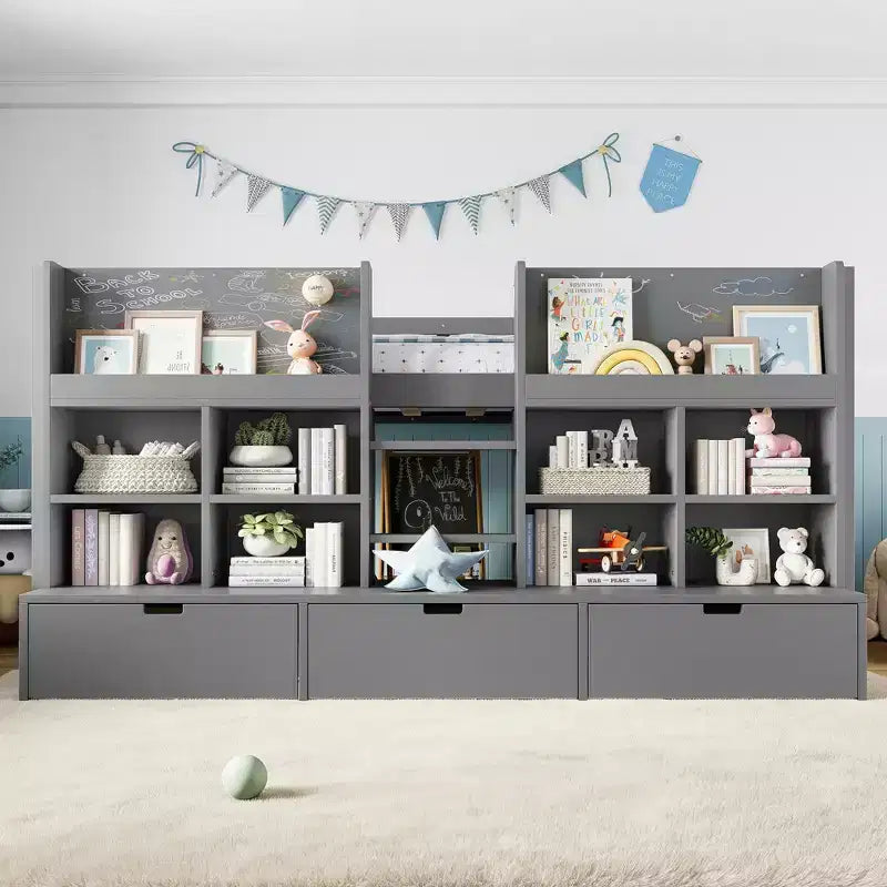 GDFStudio Rowan Kids Low Loft Bed with Storage Shelves, Curtain and Chalkboard