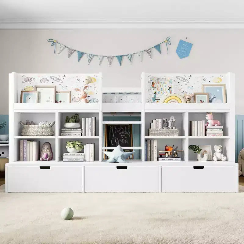 Gray / White Kids Low Loft Bed with Storage Shelves, Curtain & Chalkboard – Single