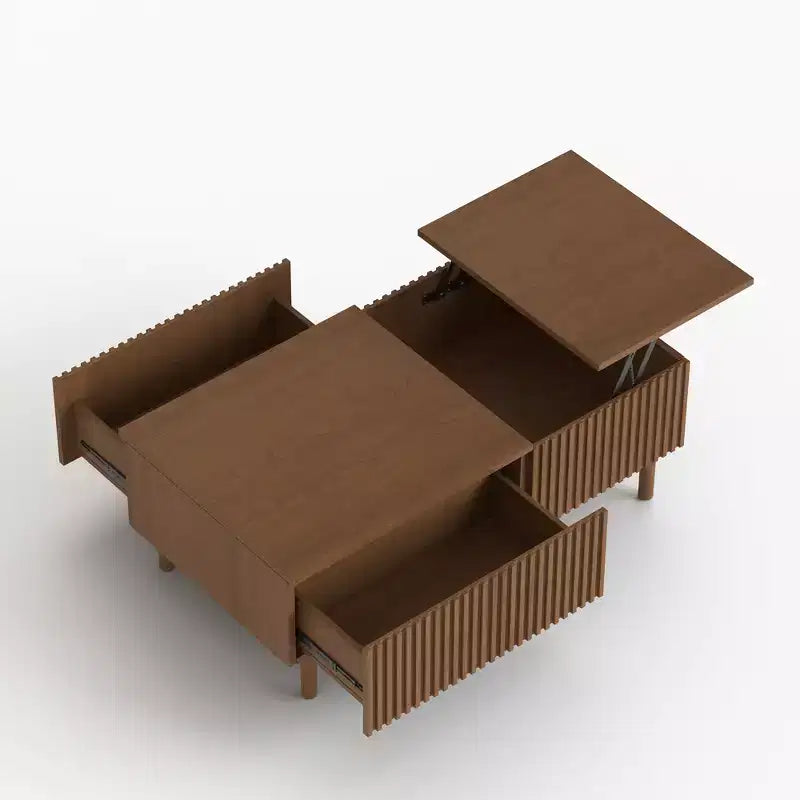 Brown Lift-Top Coffee Table with Fluted Drawers, 1-Person Use