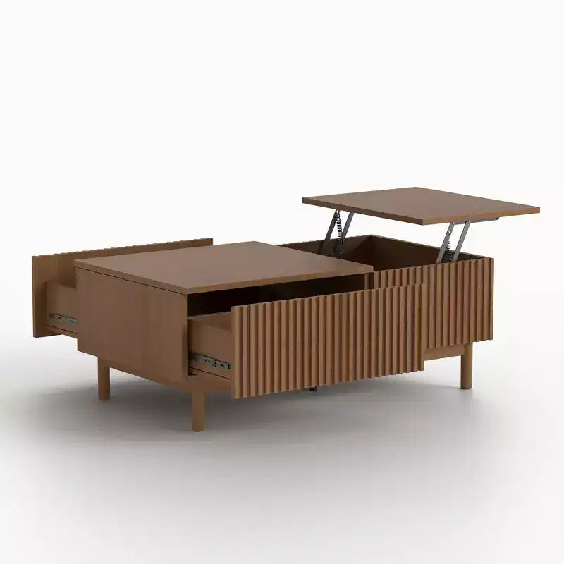 Brown Lift-Top Coffee Table with Fluted Drawers, 1-Person Use