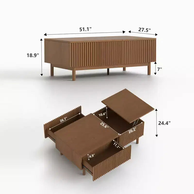 Brown Lift-Top Coffee Table with Fluted Drawers, 1-Person Use