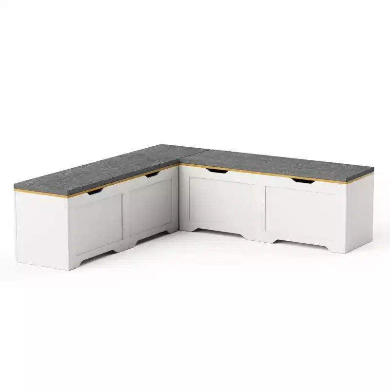 Brown/White L-Shaped Corner Storage Bench with Cushion, 3-Piece, Seats 2–3