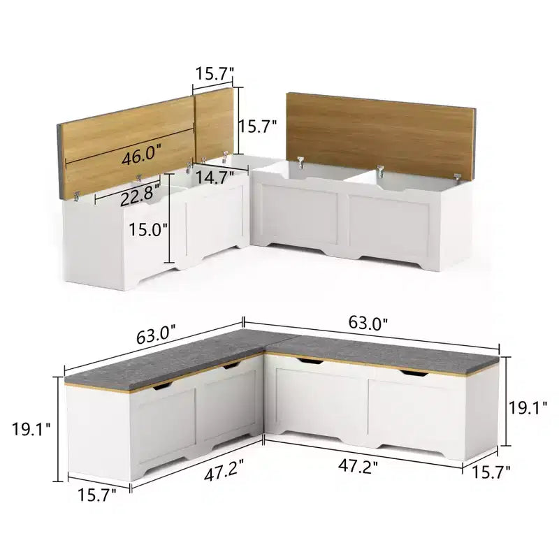 Brown/White L-Shaped Corner Storage Bench with Cushion, 3-Piece, Seats 2–3