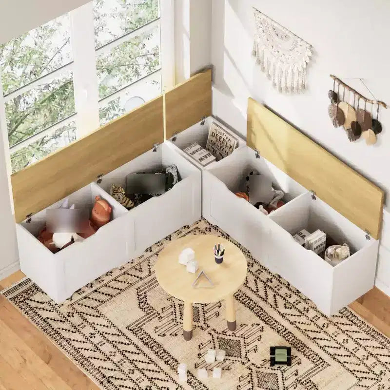 Brown/White L-Shaped Corner Storage Bench with Cushion, 3-Piece, Seats 2–3
