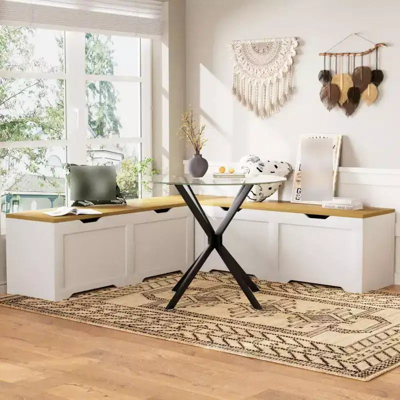 Brown/White L-Shaped Corner Storage Bench with Cushion, 3-Piece, Seats 2–3