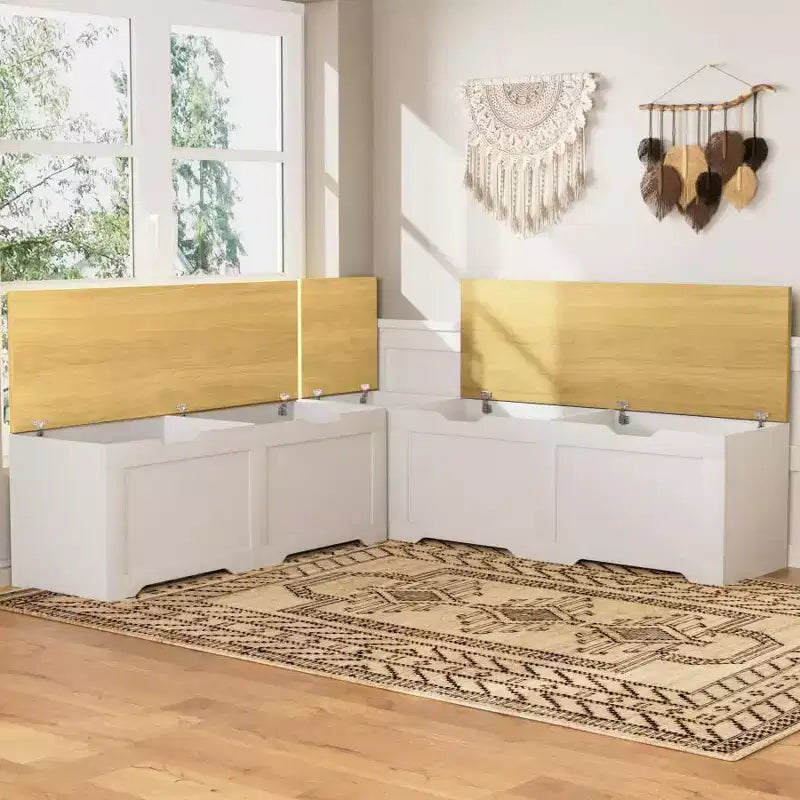 Brown/White L-Shaped Corner Storage Bench with Cushion, 3-Piece, Seats 2–3