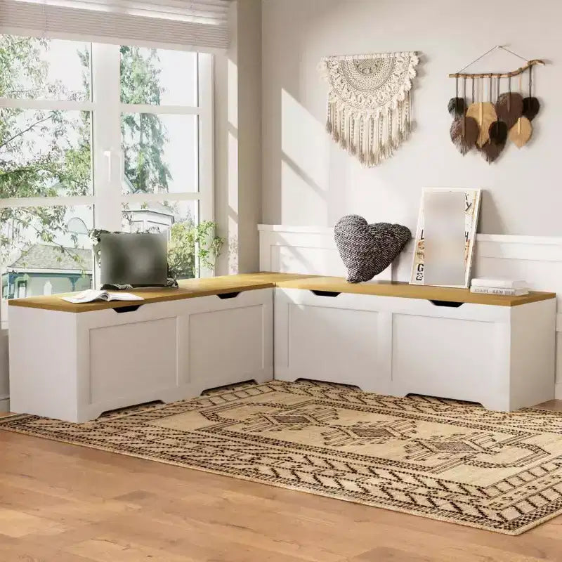 Brown/White L-Shaped Corner Storage Bench with Cushion, 3-Piece, Seats 2–3
