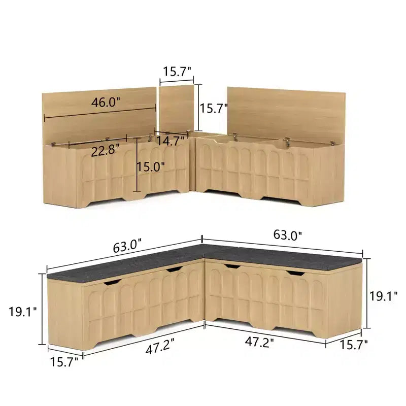 Brown/White L-Shaped Corner Storage Bench with Cushion, 3-Piece, Seats 2–3