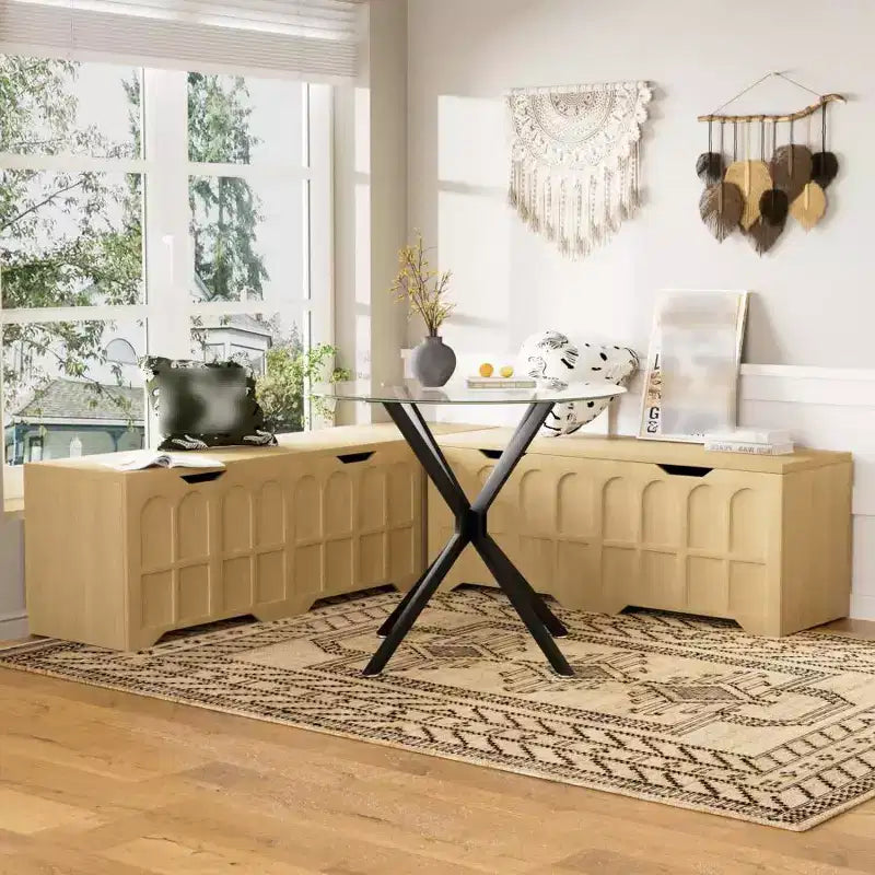 Brown/White L-Shaped Corner Storage Bench with Cushion, 3-Piece, Seats 2–3