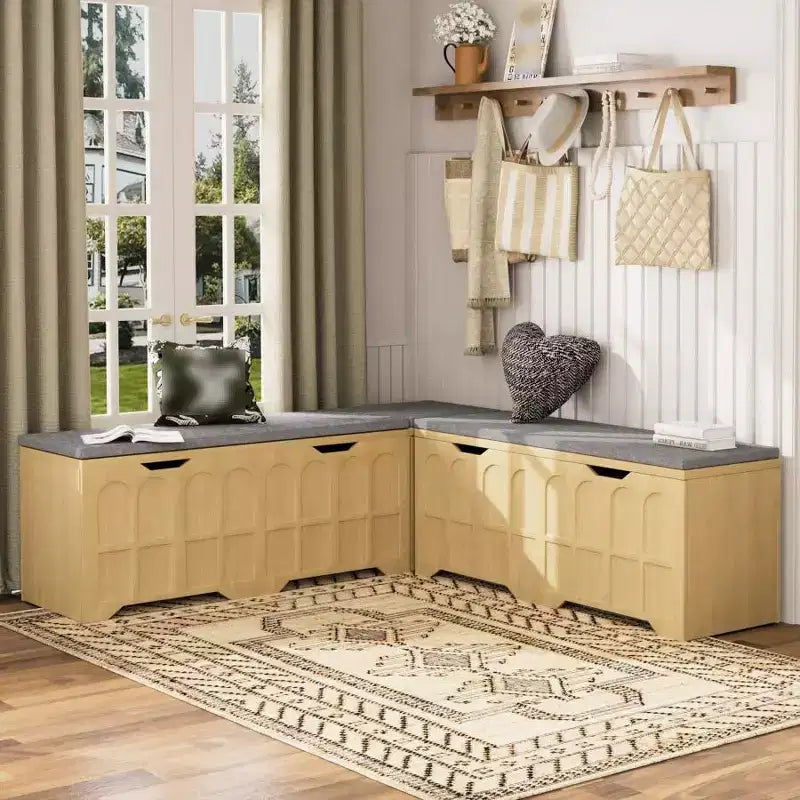 Brown/White L-Shaped Corner Storage Bench with Cushion, 3-Piece, Seats 2–3