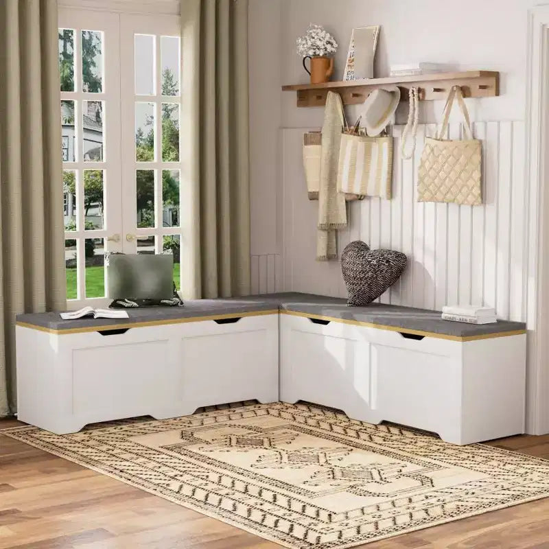 Brown/White L-Shaped Corner Storage Bench with Cushion, 3-Piece, Seats 2–3