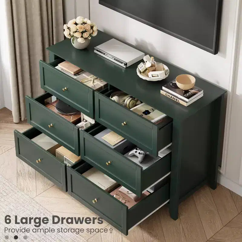 Black / Dark Green / Grey / White 6-Drawer Wooden Dresser – Modern Style, Single Use
