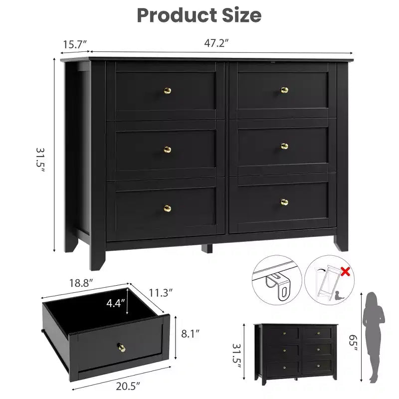 Black / Dark Green / Grey / White 6-Drawer Wooden Dresser – Modern Style, Single Use