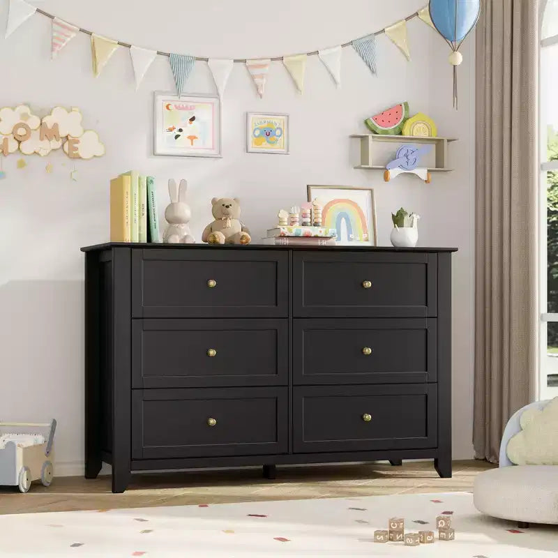 Black / Dark Green / Grey / White 6-Drawer Wooden Dresser – Modern Style, Single Use