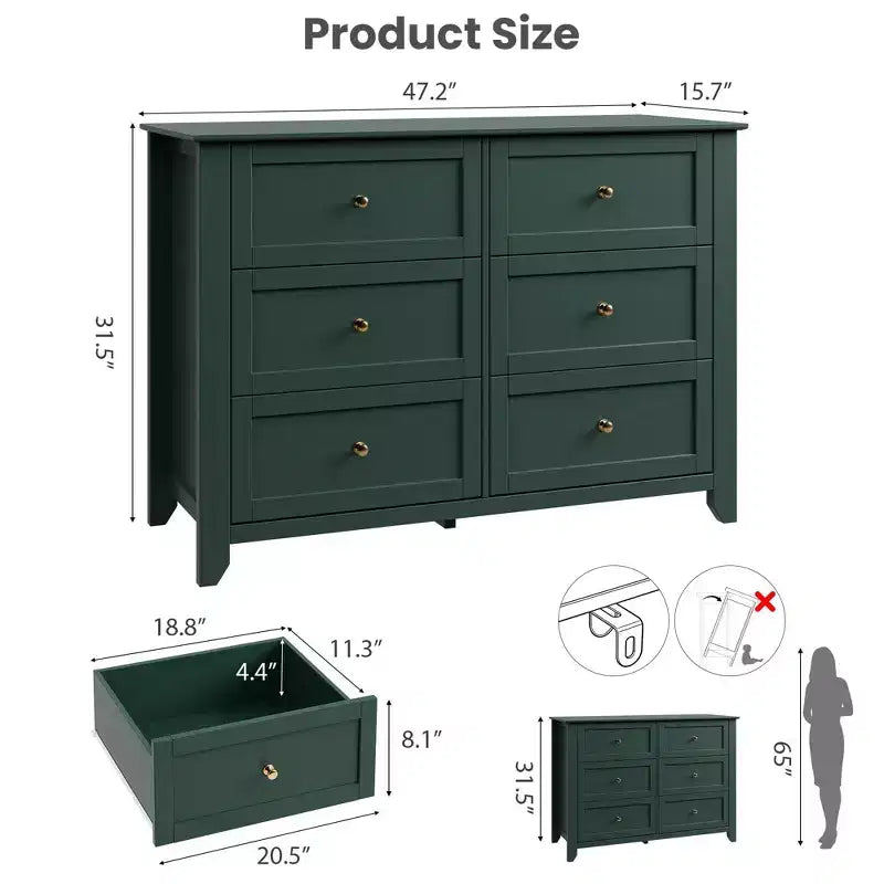 Black / Dark Green / Grey / White 6-Drawer Wooden Dresser – Modern Style, Single Use