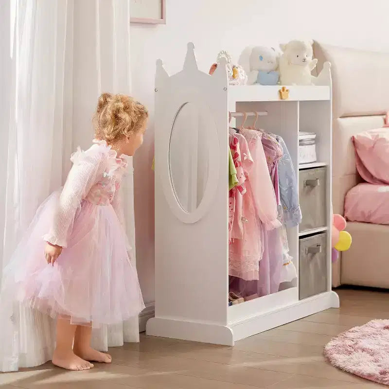 White Kids Dress-Up Wardrobe with Mirror, Hanging Rod & Drawers – 1 Child