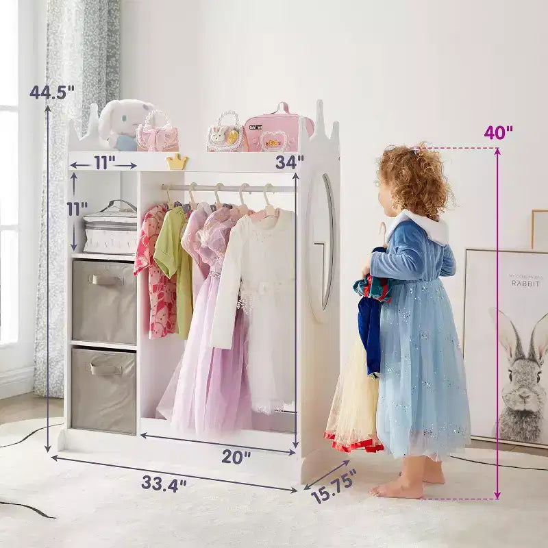 White Kids Dress-Up Wardrobe with Mirror, Hanging Rod & Drawers – 1 Child