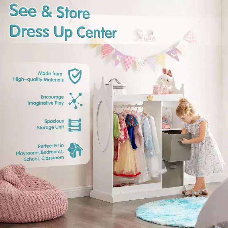 White Kids Dress-Up Wardrobe with Mirror, Hanging Rod & Drawers – 1 Child